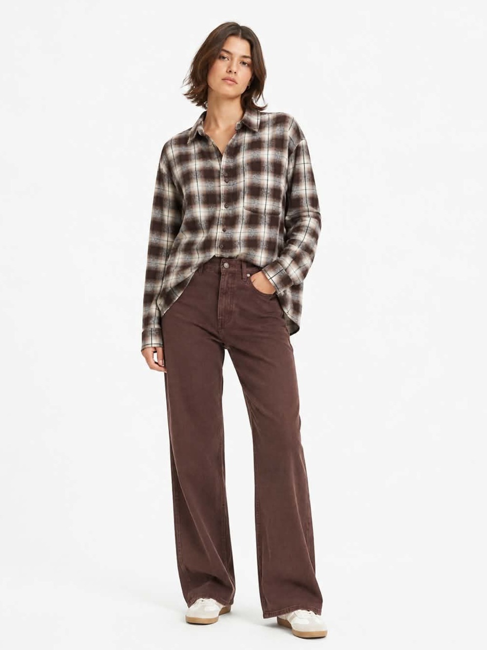 Garage White & Brown “Dylan” Oversized Button Down Flannel Shirt – XS/S